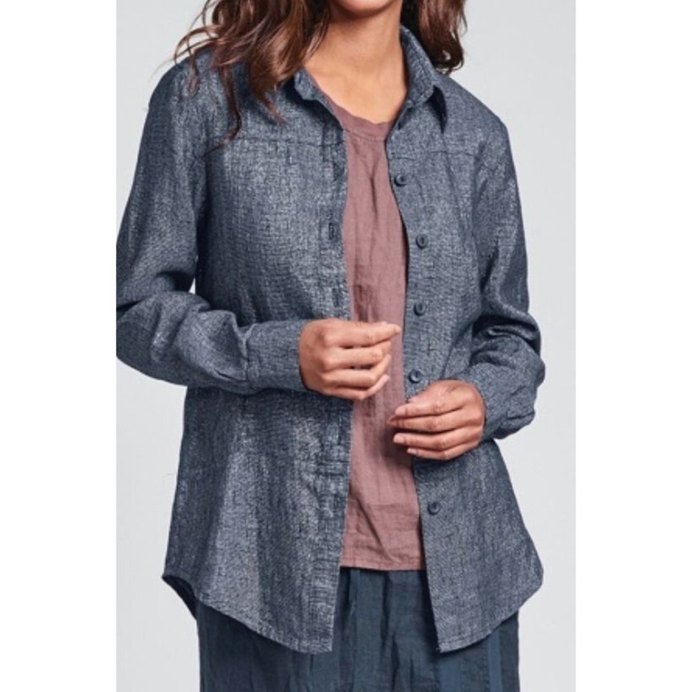 FLAX Metallic McQueen Linen Blend Button Up Shirt Shacket Blue S $169 Minimalist